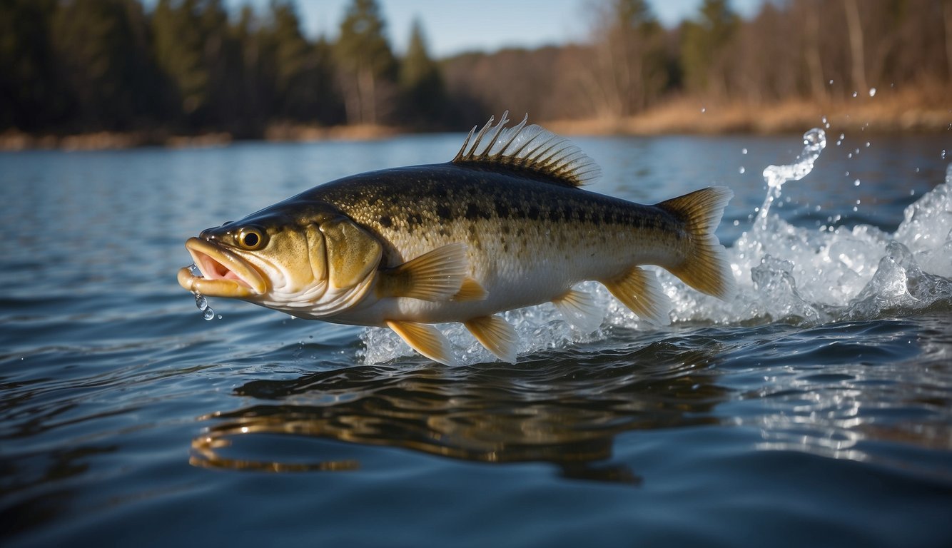 A walleye aggressively strikes a jigging spoon as it darts through the icy water, drawn in by the flash and vibration