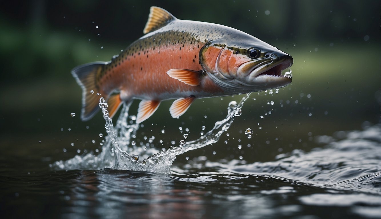 A salmon leaping out of the water towards a shiny, silver lure