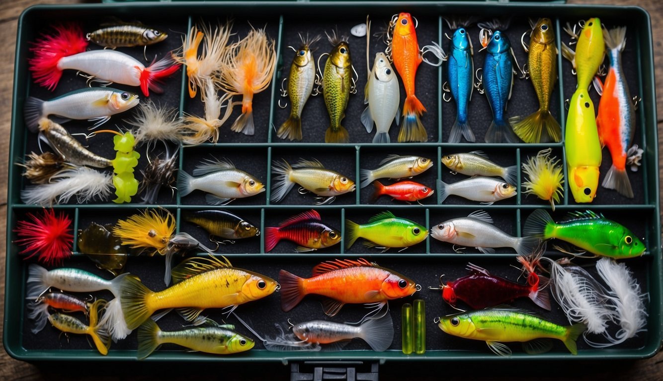 A colorful assortment of bass fishing lure kits arranged on a tackle box, with hooks, spinners, and soft plastic baits displayed